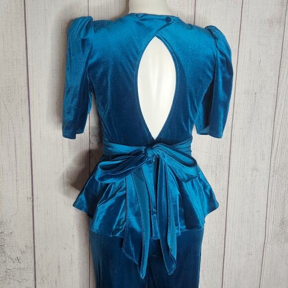 VTG 80s Teal Velvet Peplum Waist Jumpsuit with Open Back, size 5 - Picture 7 of 8